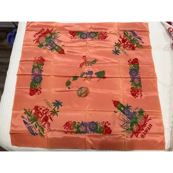 Vintage Hawaiian Islands Map Satin Tablecloth 39x40 + 4 Napkins Deadstock - Picture 1 of 16
